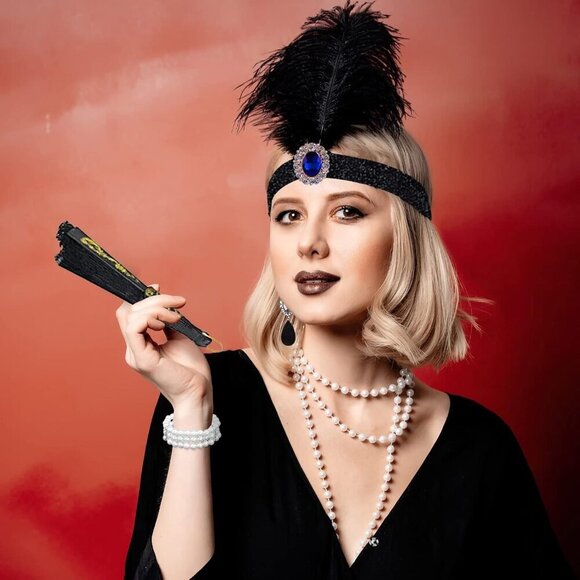 1920s Flapper Accessories Set Satin Feather Headpiece Gloves Pearl Necklace main image 7